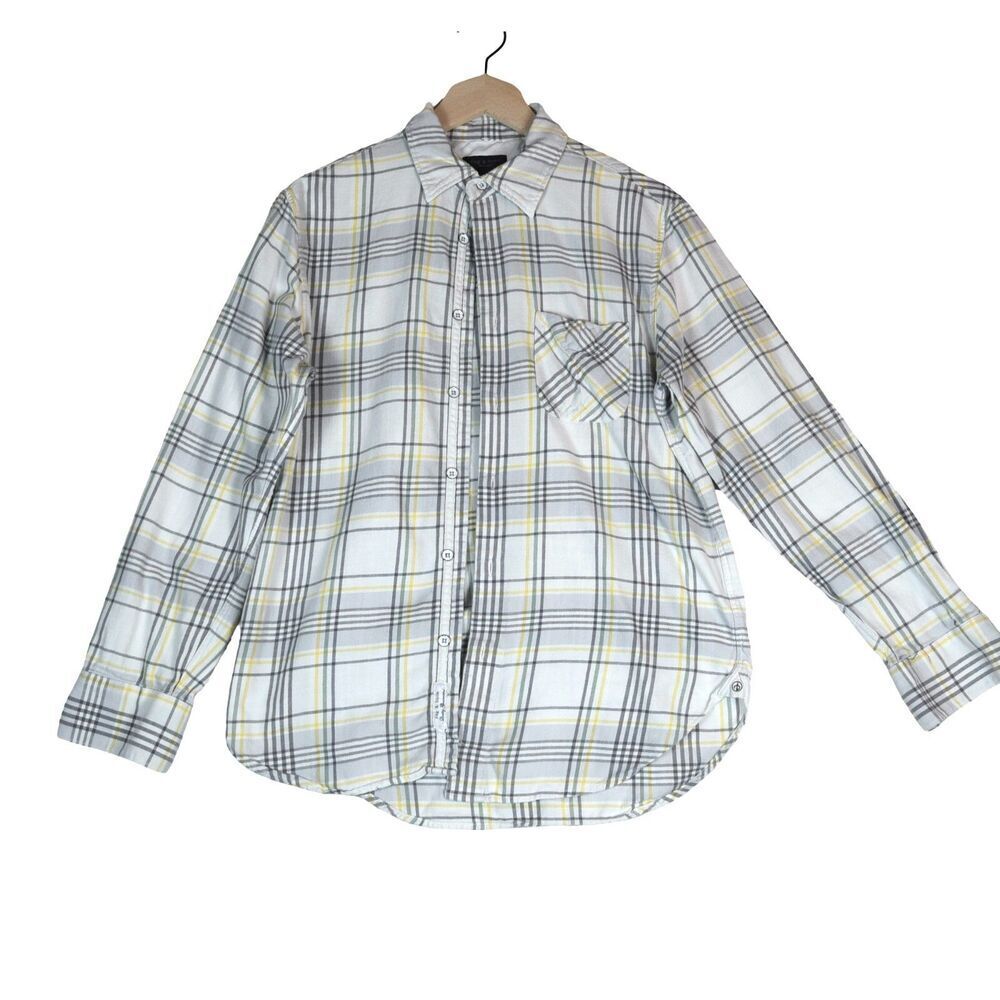 Rag & Bone Fit 3 Regular Fit Beach Shirt Plaid Ivory Grey Yellow Men's Small